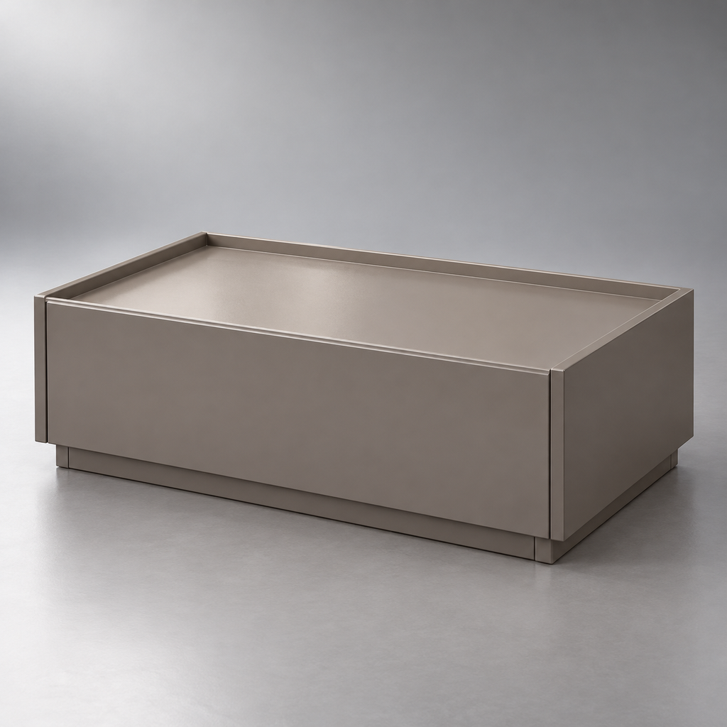Table de chevet basse grise de 60 cm à un tiroir sur fond argenté.
