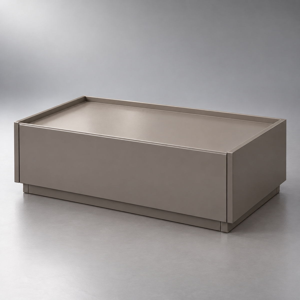 Table de chevet basse grise de 60 cm à un tiroir sur fond argenté.