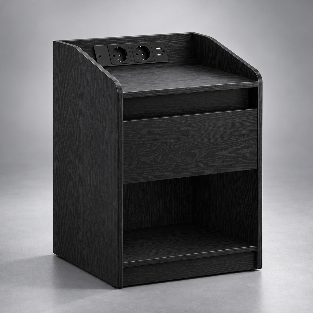 Table de chevet noire à un tiroir et niche, sur fond argenté.
