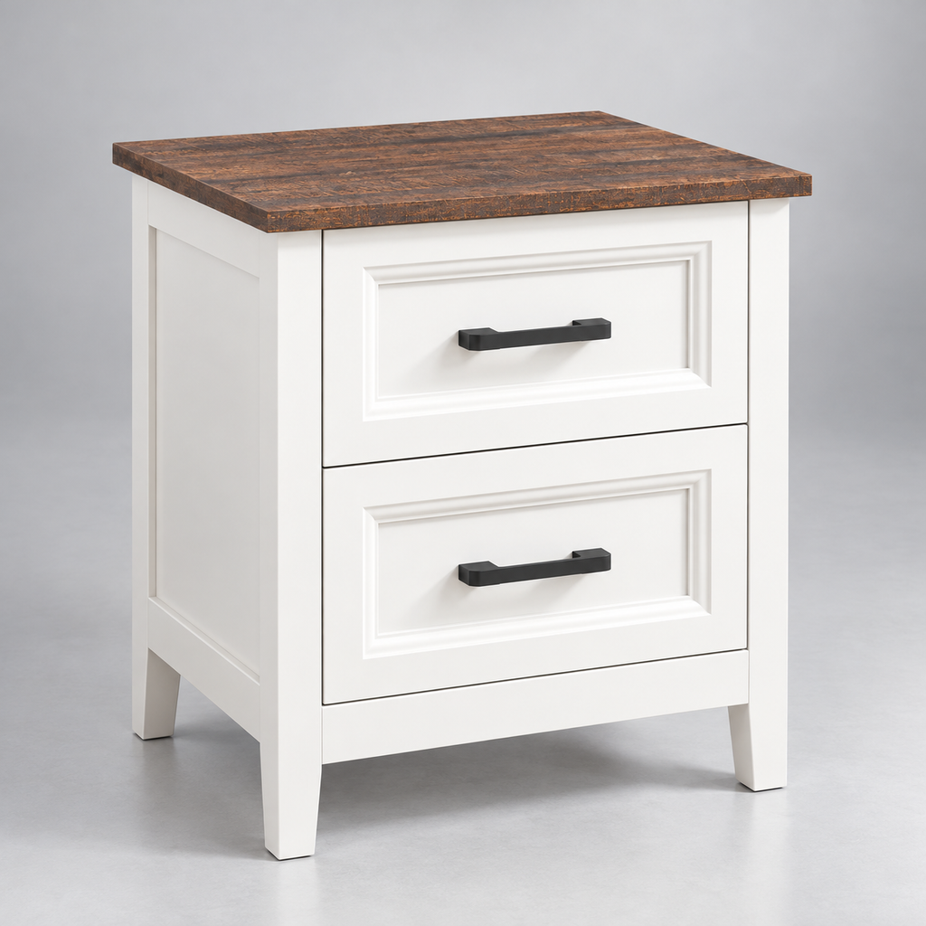 Table de chevet blanche à deux tiroirs et plateau effet bois sur fond argenté