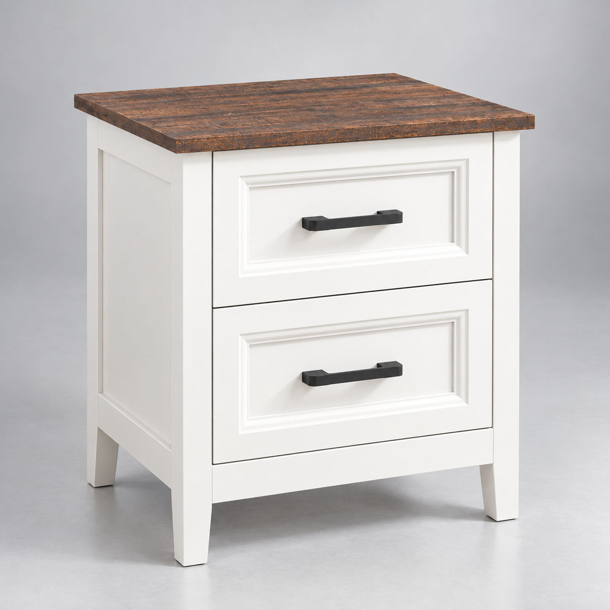 Table de chevet blanche à deux tiroirs et plateau effet bois sur fond argenté