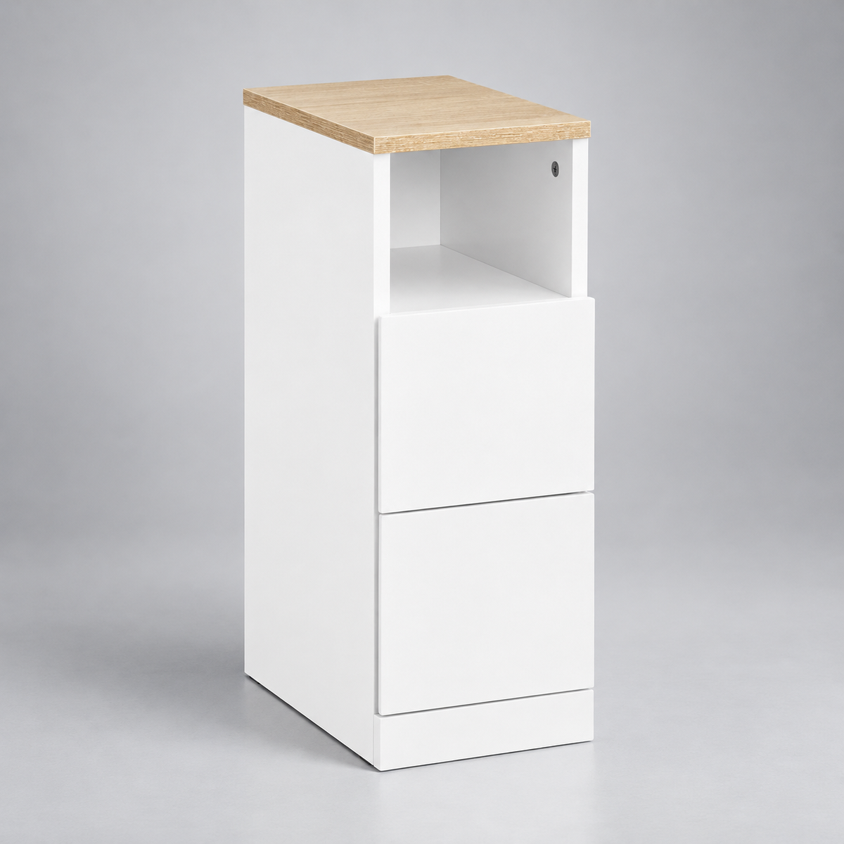 Table de chevet étroite blanche à deux tiroirs sur fond argenté premium.