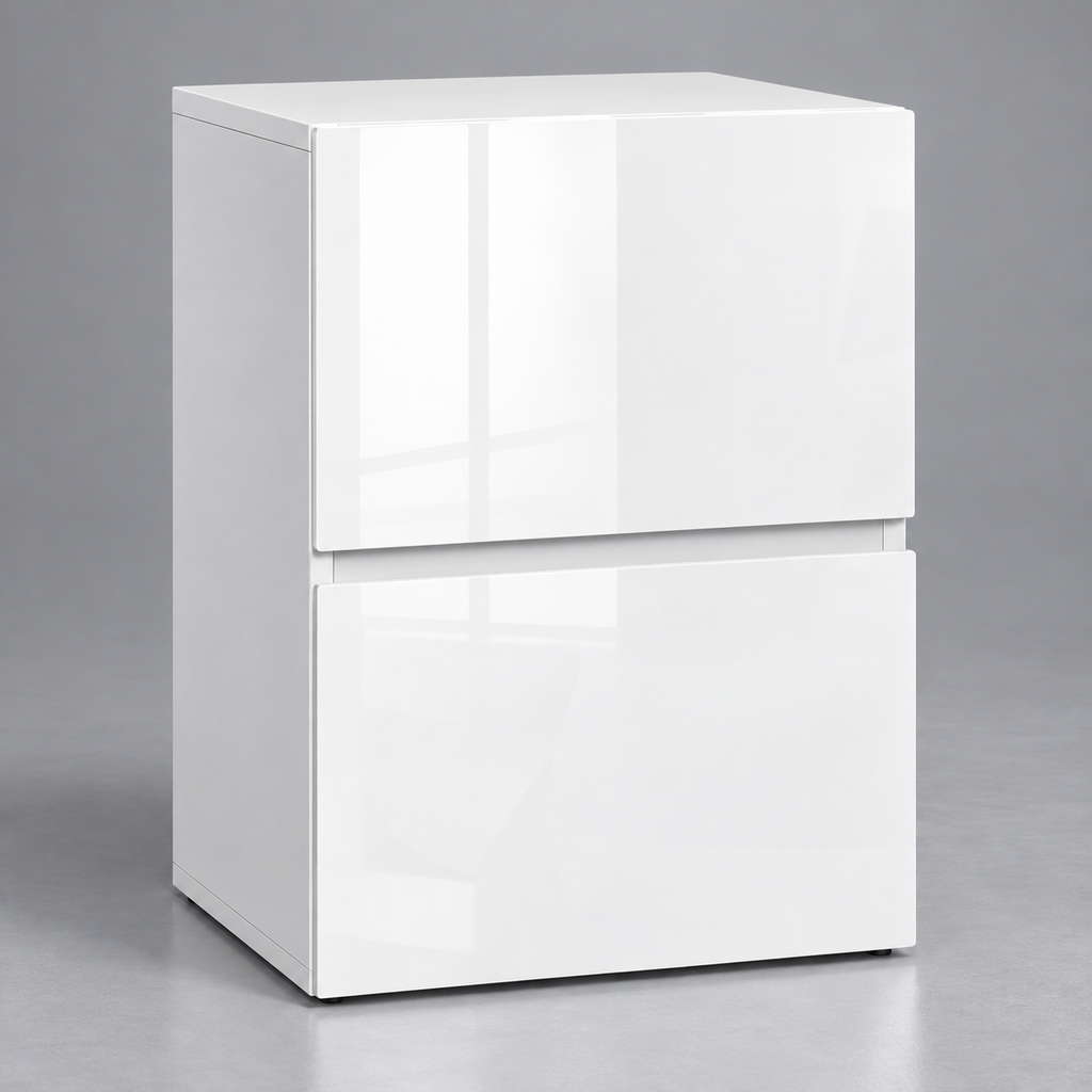 Table de chevet blanche à deux façades brillantes sur fond argenté