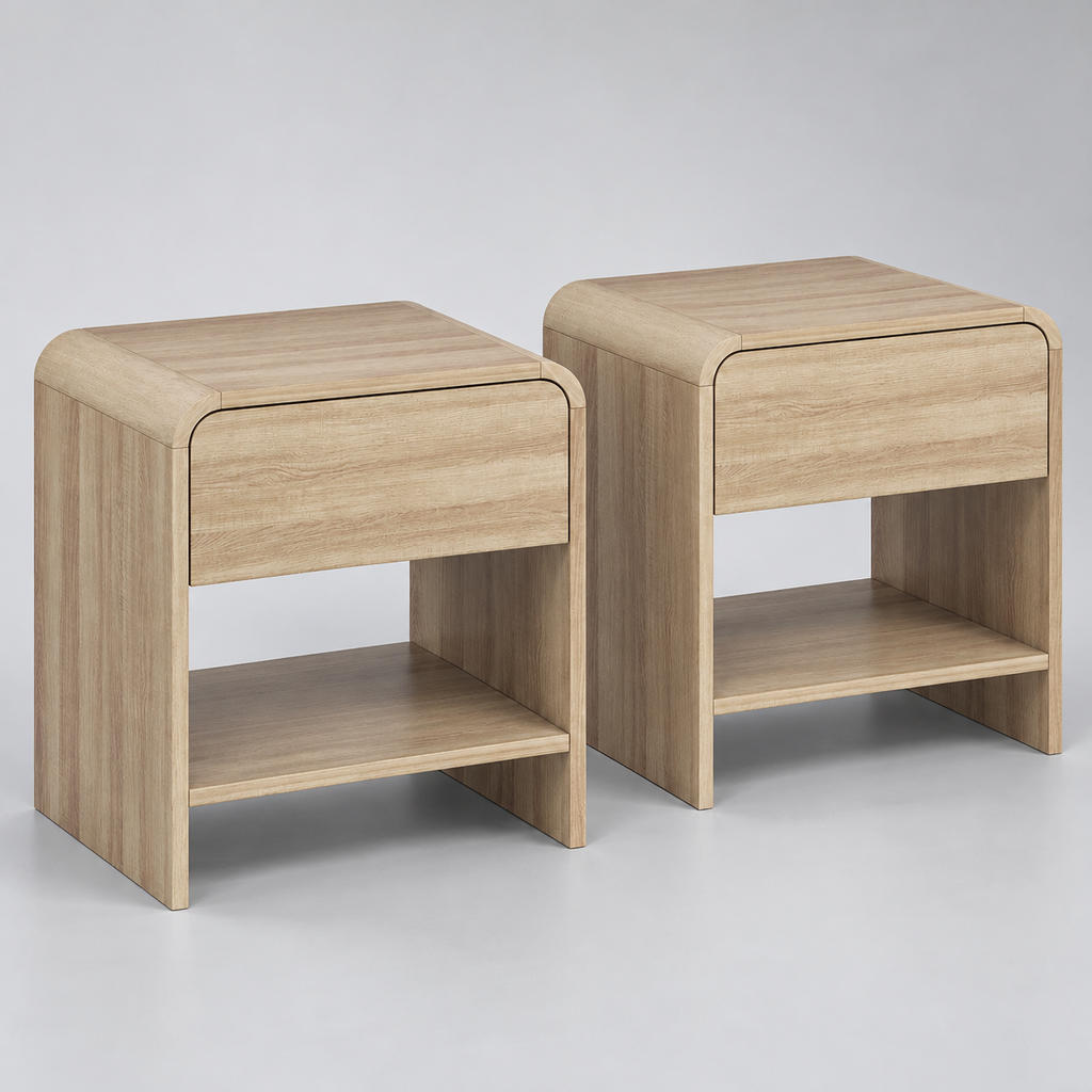 Lot de 2 chevets effet bois aux angles arrondis sur fond argenté