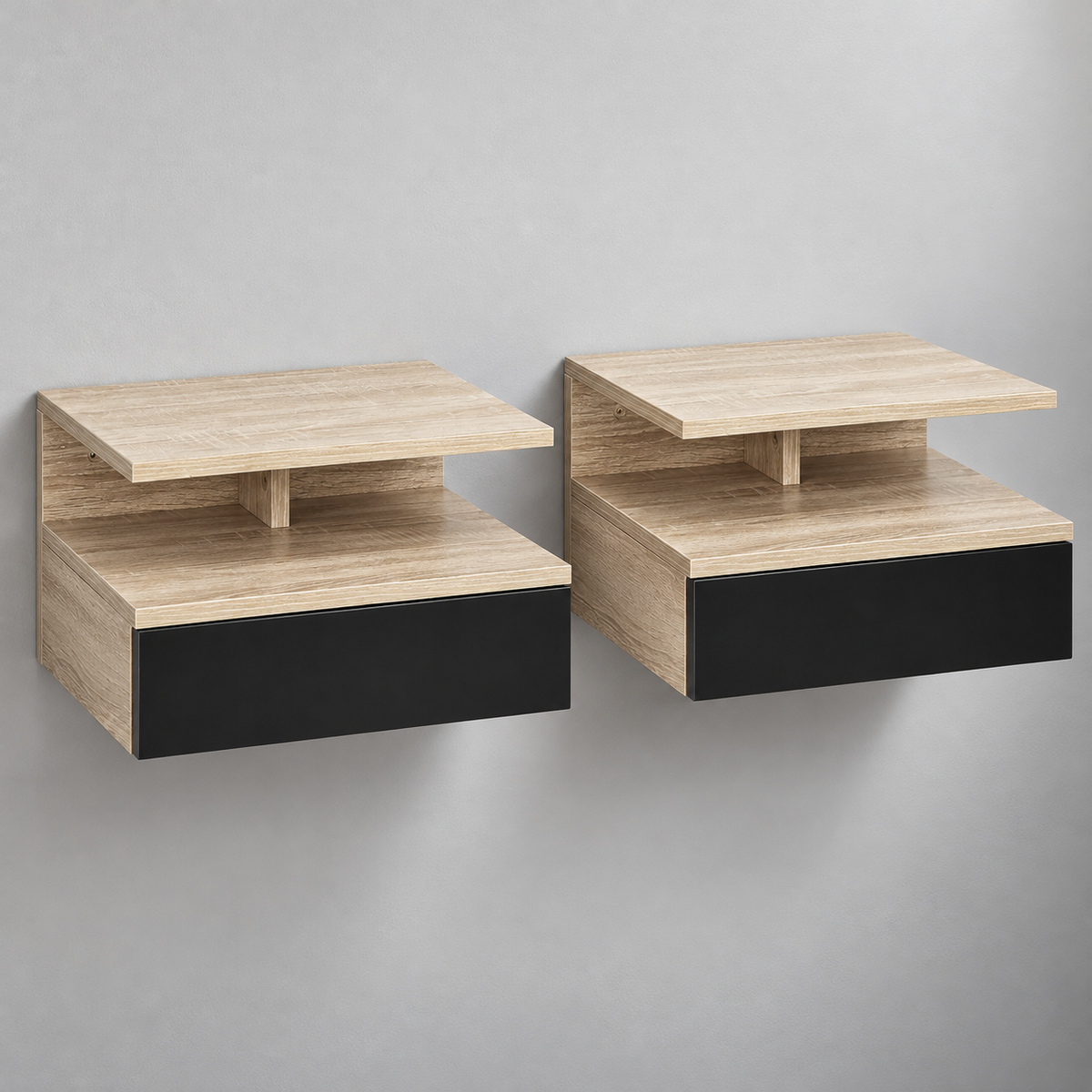 Lot de deux tables de chevet suspendues effet chêne et noir sur fond argenté