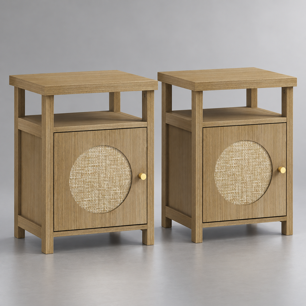Lot de 2 tables de chevet effet bois et cannage sur fond argenté.
