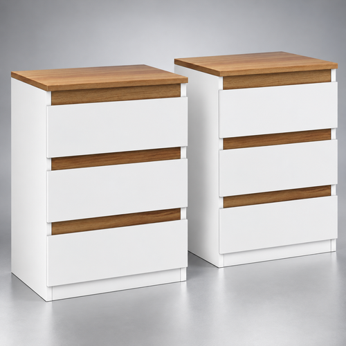Lot de deux tables de chevet blanches à trois tiroirs sur fond argenté.