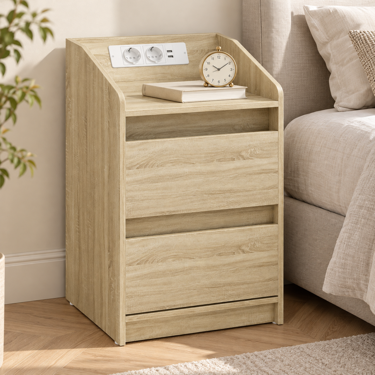 Chevet effet chêne dans une chambre en lin