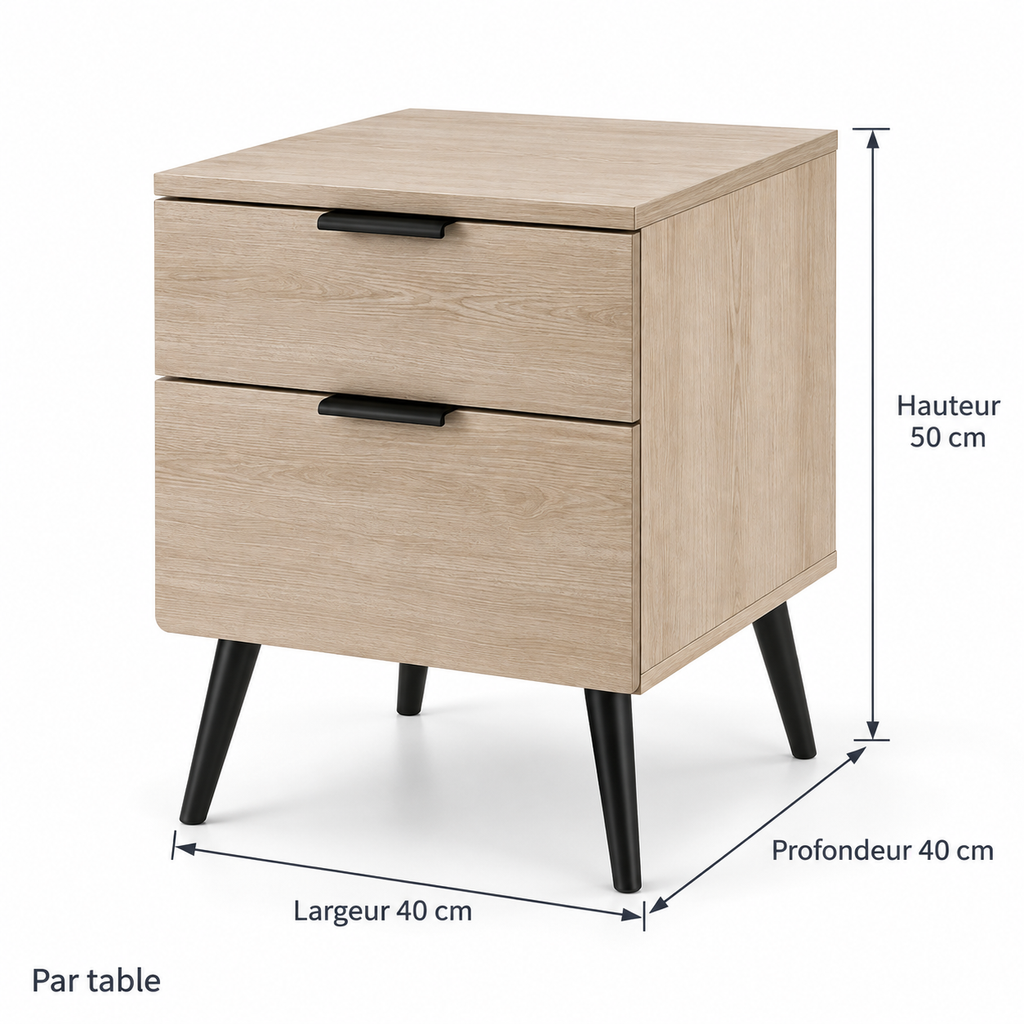 Dimensions par table : largeur 40, profondeur 40 et hauteur 50 cm