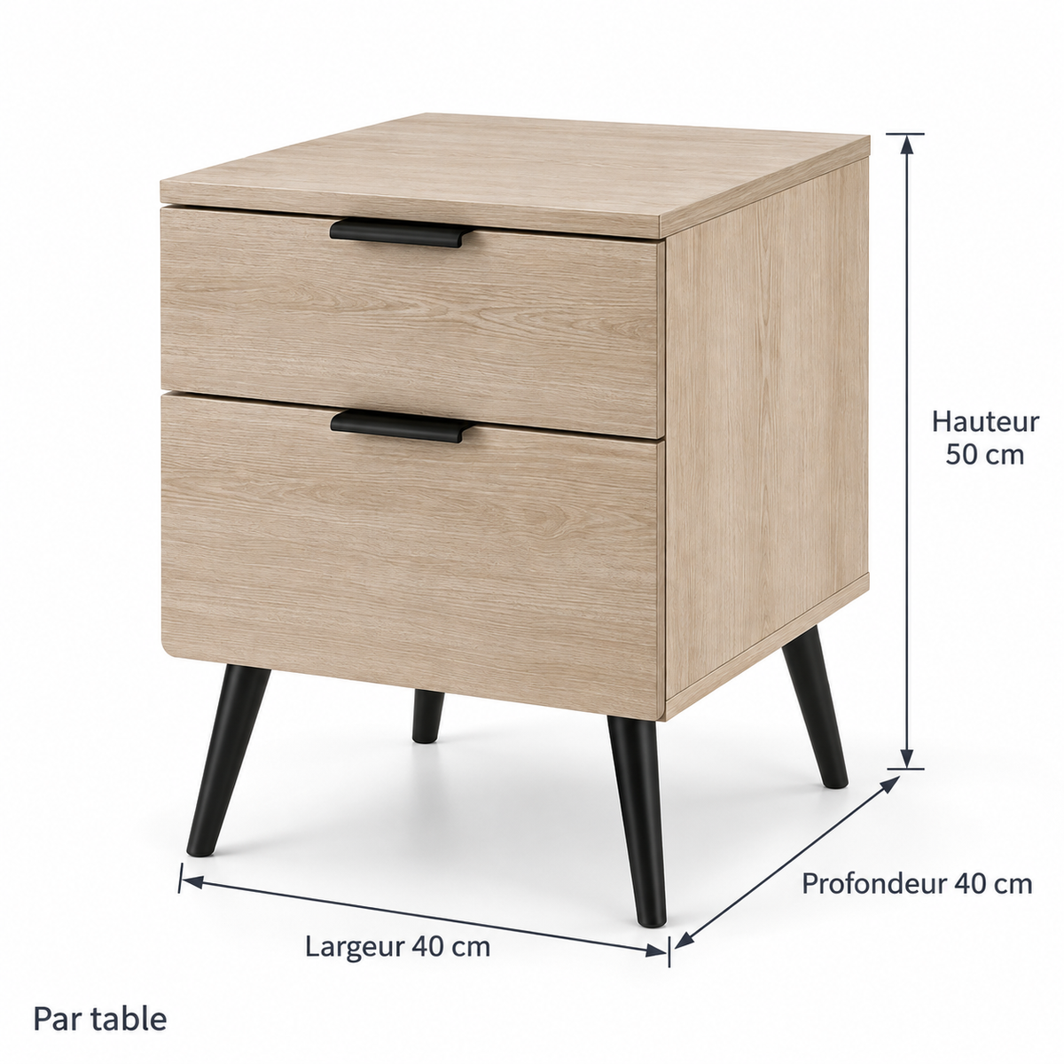 Dimensions par table : largeur 40, profondeur 40 et hauteur 50 cm