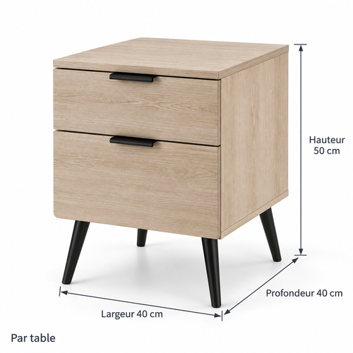 Dimensions par table : largeur 40, profondeur 40 et hauteur 50 cm
