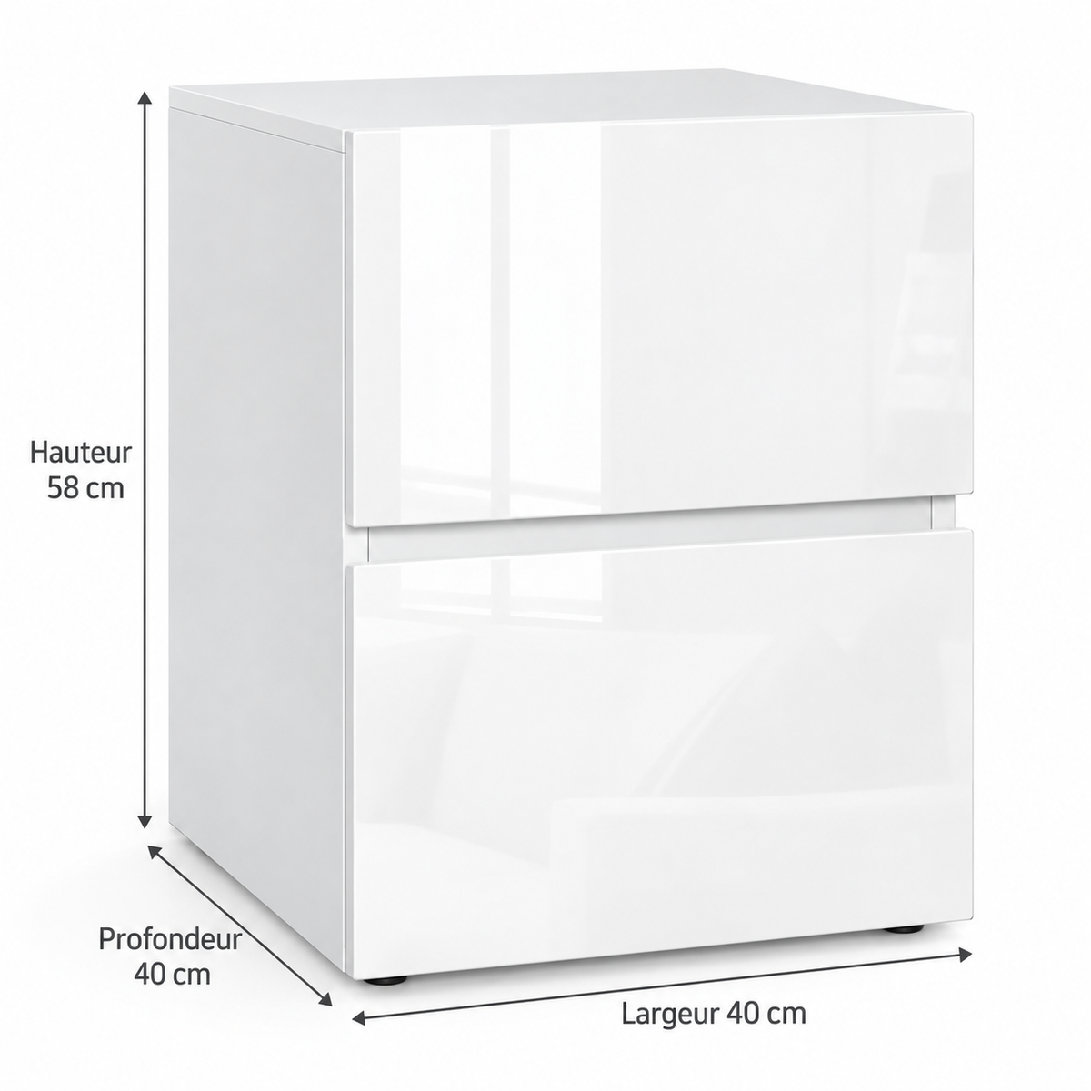 Dimensions de la table de chevet : largeur 40, profondeur 40 et hauteur 58 cm — dimensions