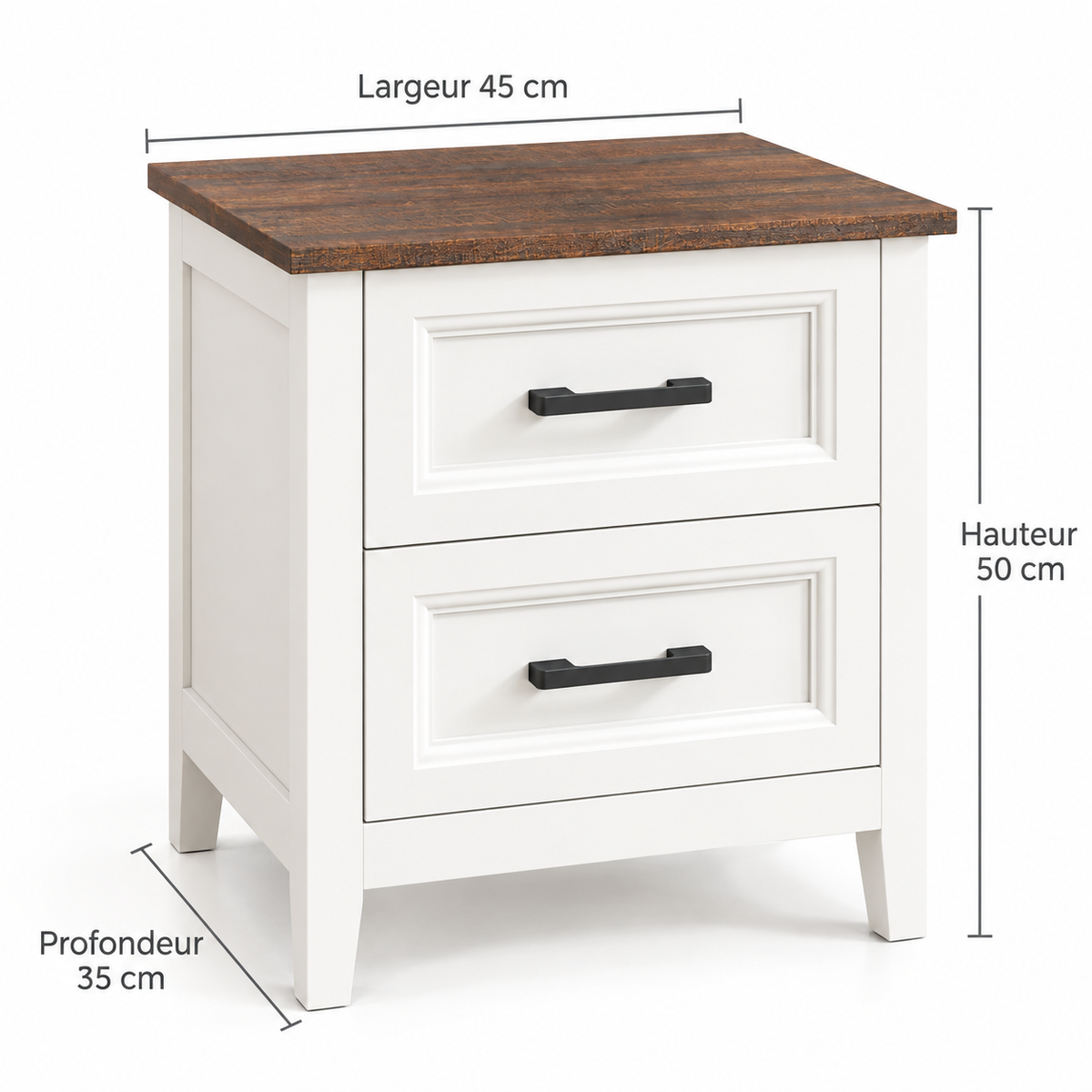 Dimensions de la table de chevet blanche : largeur 45, profondeur 35 et hauteur 50 cm