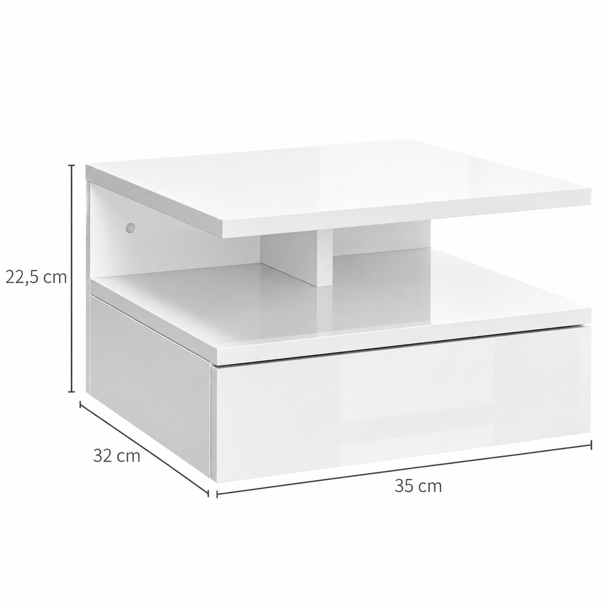 Dimensions d’un chevet suspendu blanc : 35 × 32 × 22,5 cm.