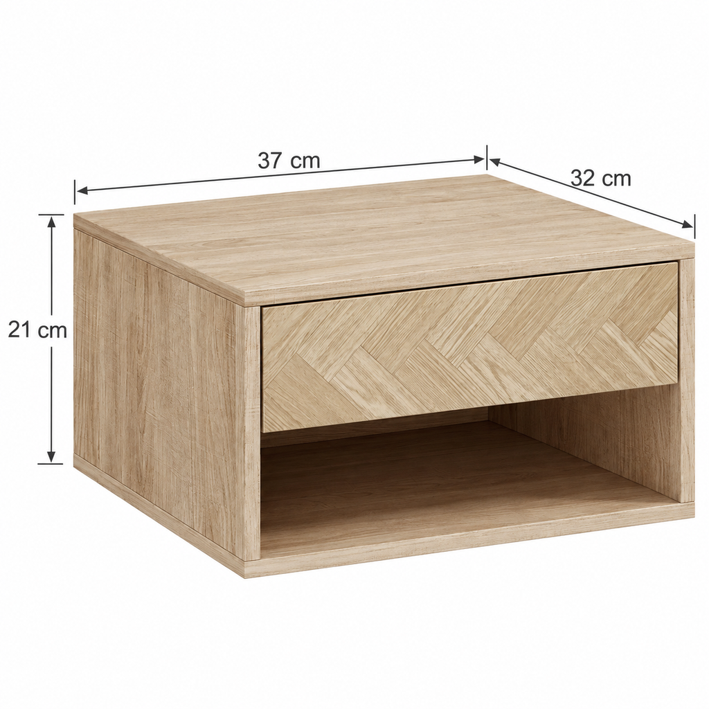 Dimensions d’un chevet suspendu : largeur 37 cm, profondeur 32 cm, hauteur 21 cm.