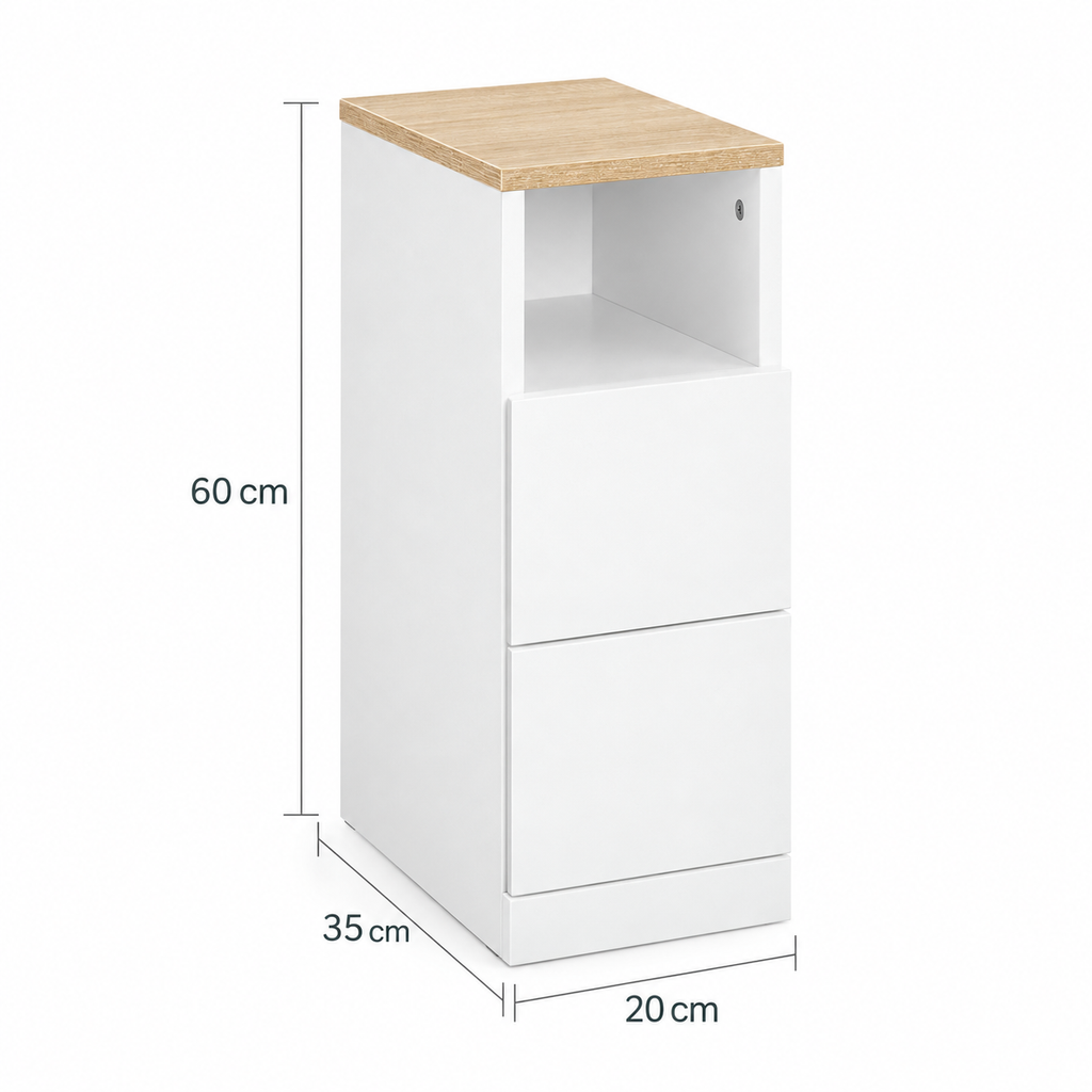 Dimensions du chevet étroit : largeur 20 cm, profondeur 35 cm et hauteur 60 cm.