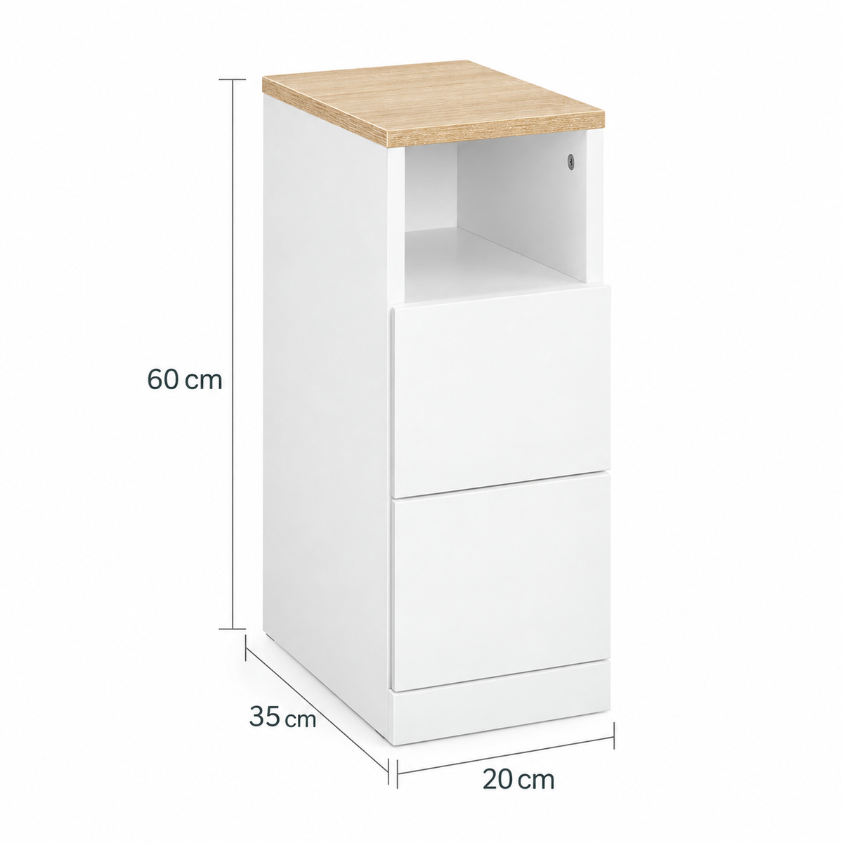 Dimensions du chevet étroit : largeur 20 cm, profondeur 35 cm et hauteur 60 cm.