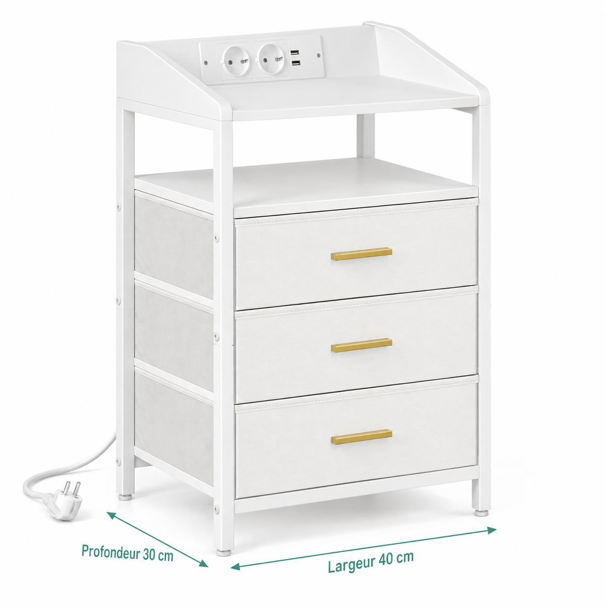 Chevet blanc : largeur 40 cm et profondeur 30 cm.