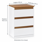 Dimensions d’un chevet : largeur 40 cm, profondeur 30 cm, hauteur 59,5 cm.