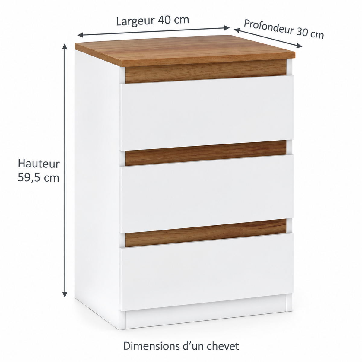 Dimensions d’un chevet : largeur 40 cm, profondeur 30 cm, hauteur 59,5 cm.