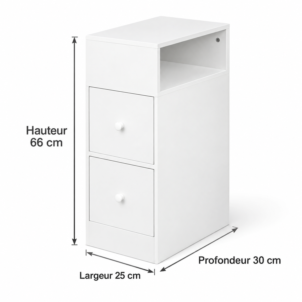 Dimensions d’un chevet : largeur 25, profondeur 30 et hauteur 66 cm.