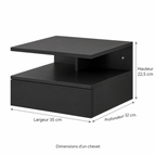 Dimensions d’un chevet suspendu : 35 cm de largeur, 32 cm de profondeur et 22,5 cm de hauteur.