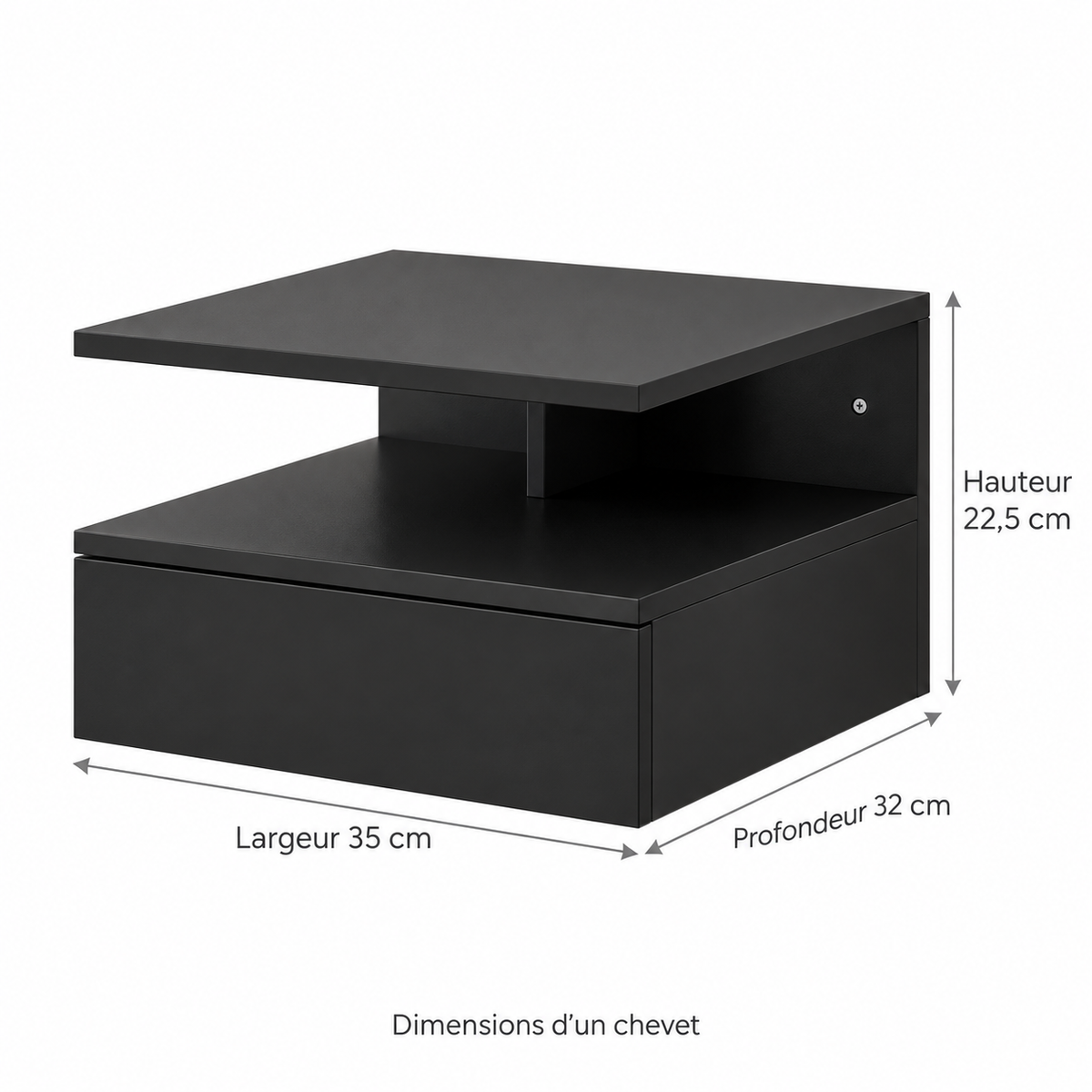 Dimensions d’un chevet suspendu : 35 cm de largeur, 32 cm de profondeur et 22,5 cm de hauteur.