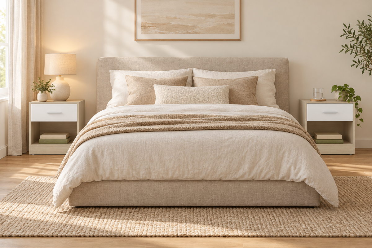 Lot de deux chevets beige et blanc de chaque côté d’un lit en lin.