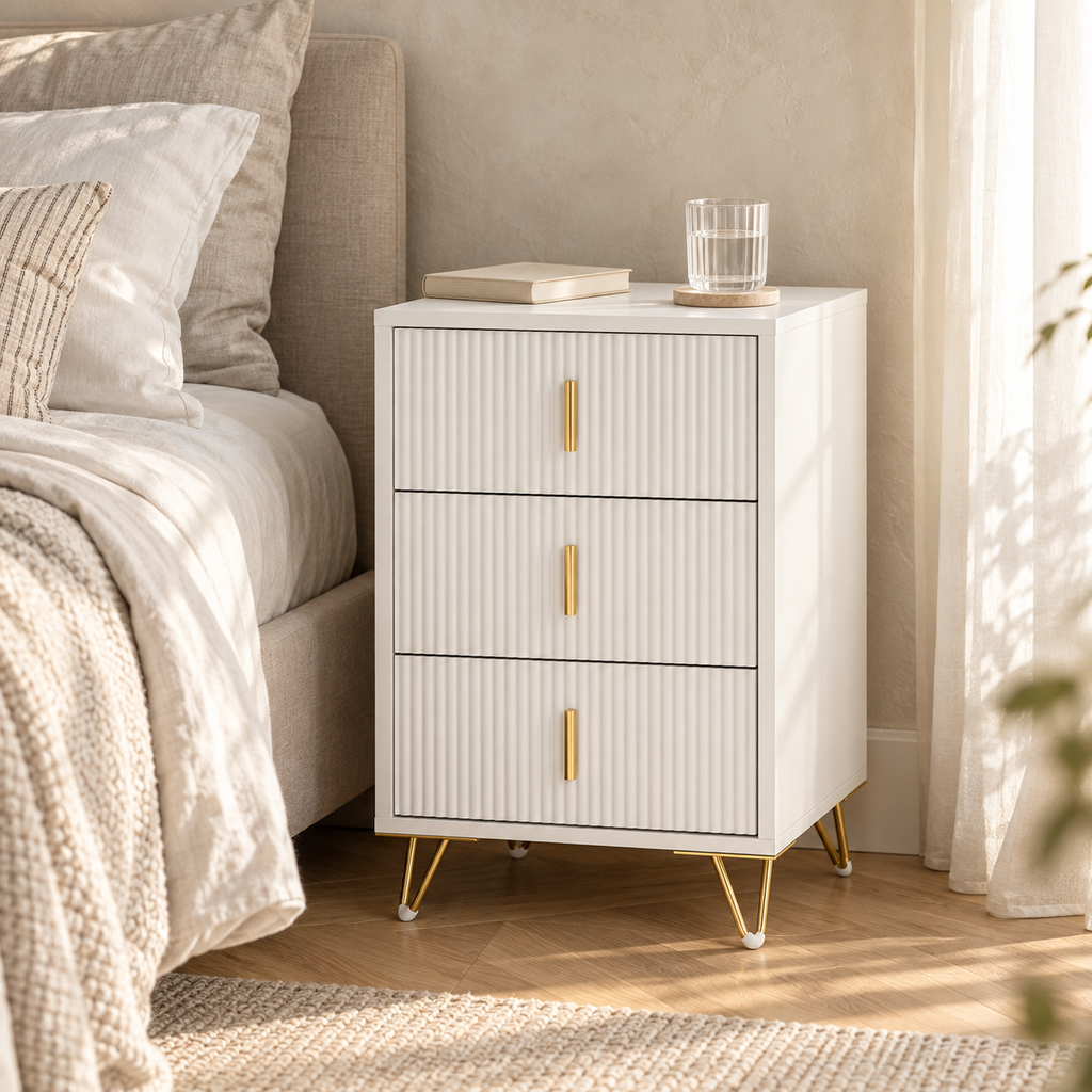 Table de chevet 3 tiroirs avec pieds dorés – 63 cm