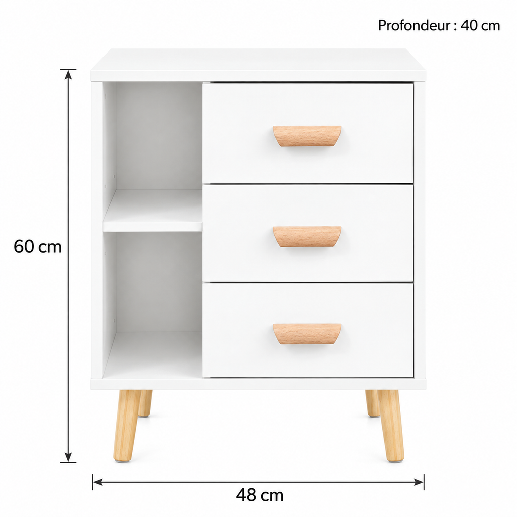 Dimensions du chevet : largeur 48, profondeur 40, hauteur 60 cm