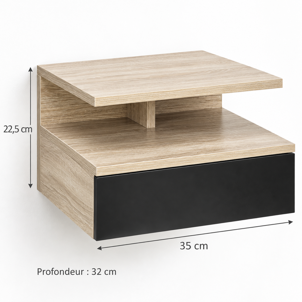 Dimensions de chaque chevet : 35 cm de largeur, 32 cm de profondeur et 22,5 cm de hauteur
