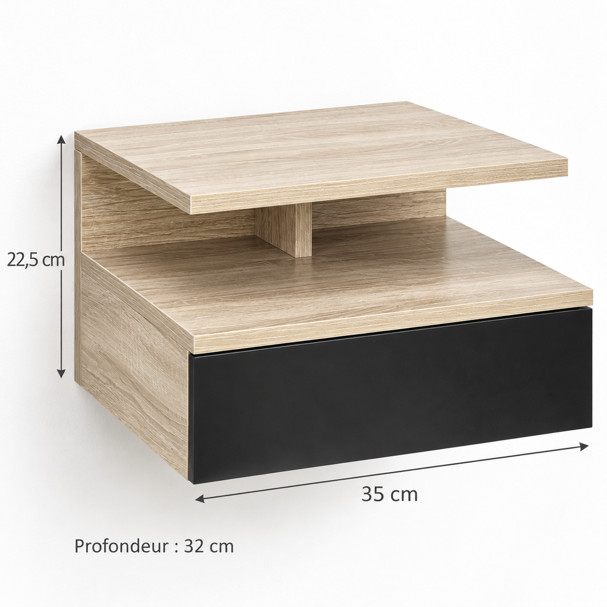 Dimensions de chaque chevet : 35 cm de largeur, 32 cm de profondeur et 22,5 cm de hauteur — dimensions
