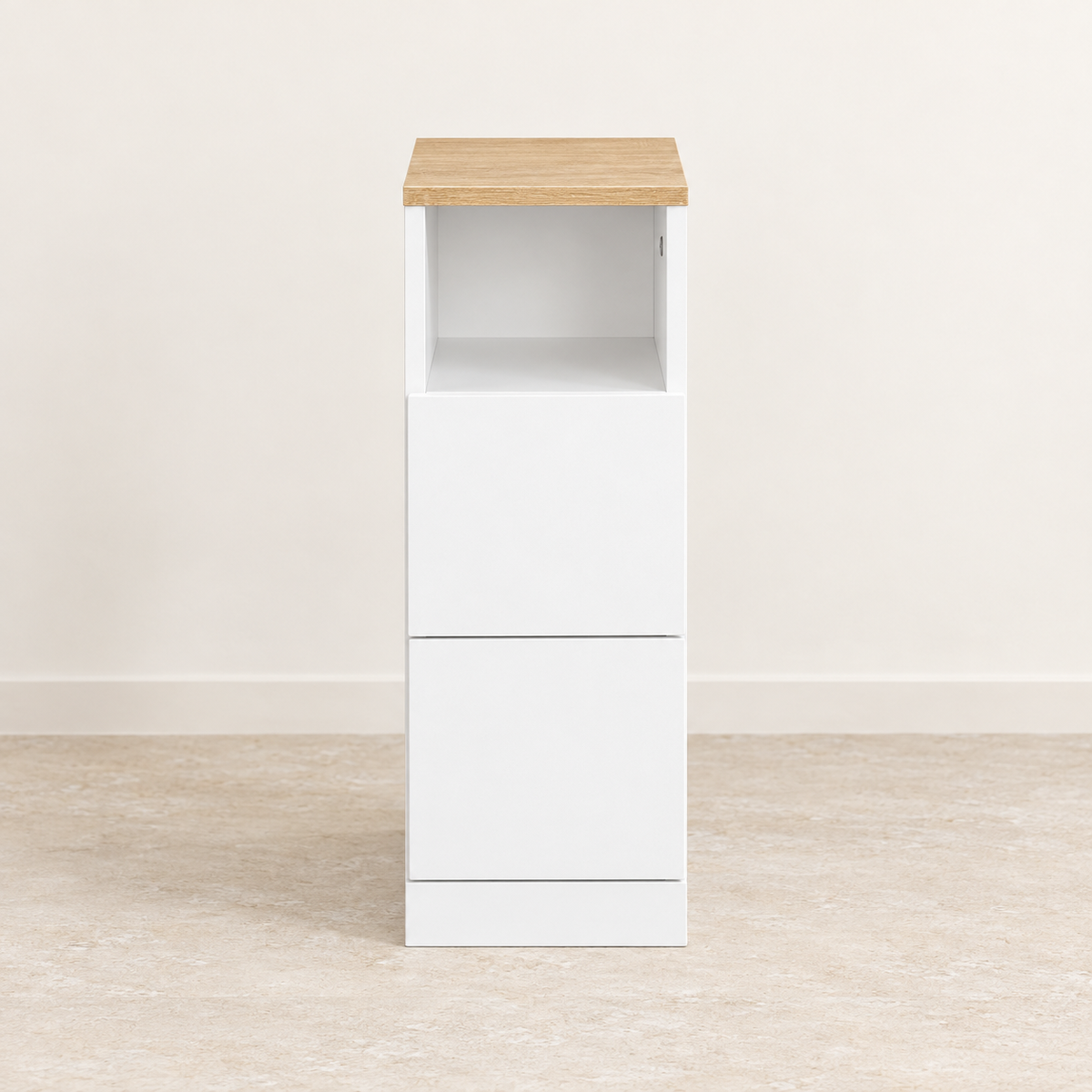Vue de face du chevet blanc de 20 cm avec niche et deux tiroirs.