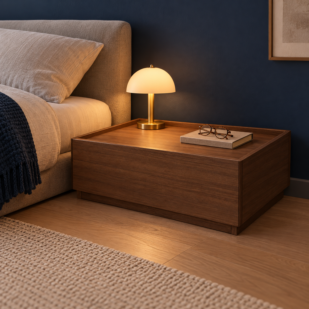 Chevet bas brun de 60 cm avec lampe de lecture en soirée.