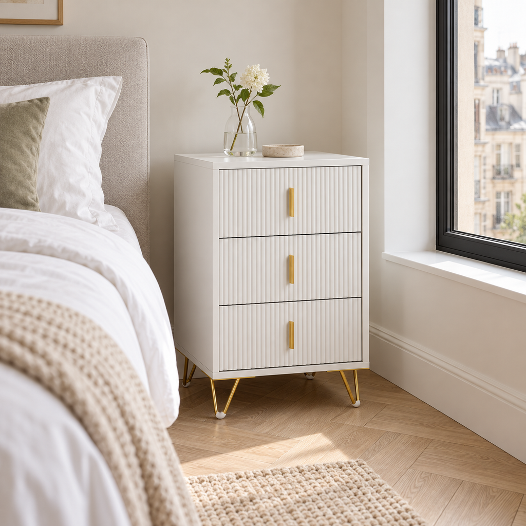 Table de chevet 3 tiroirs avec pieds dorés – 63 cm