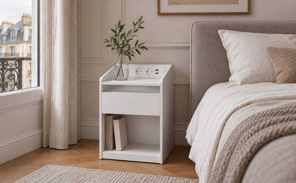 Table de chevet blanche dans une petite chambre lumineuse.