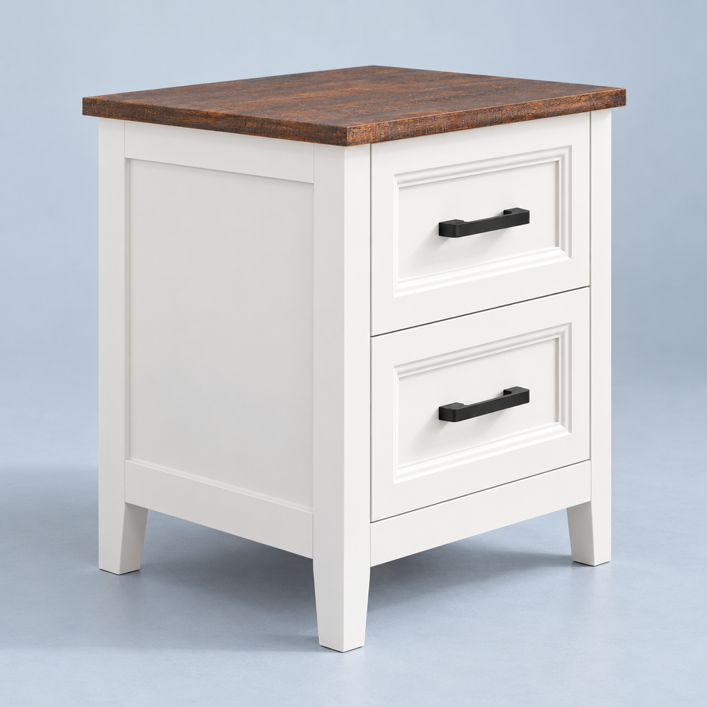 Table de chevet blanche et plateau brun vue de trois quarts gauche