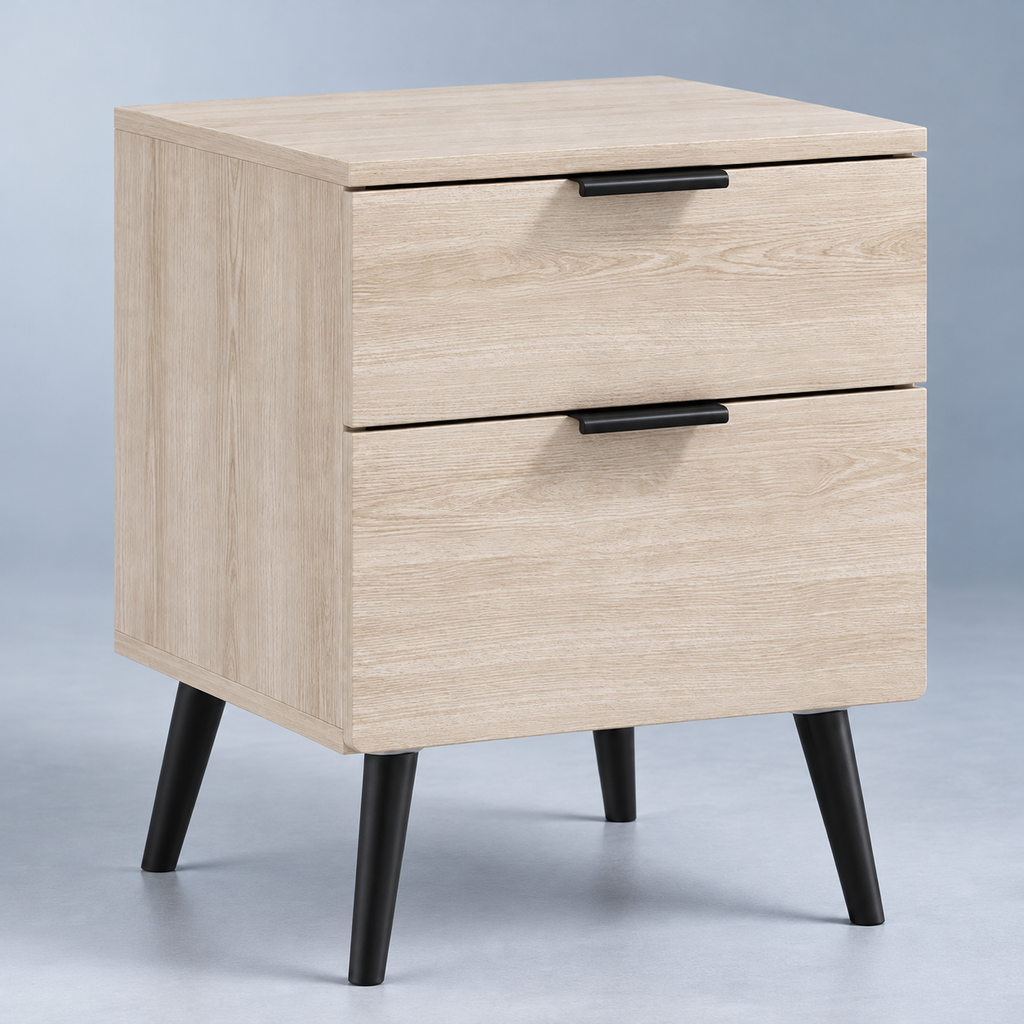 Table de chevet effet chêne vue de trois quarts gauche