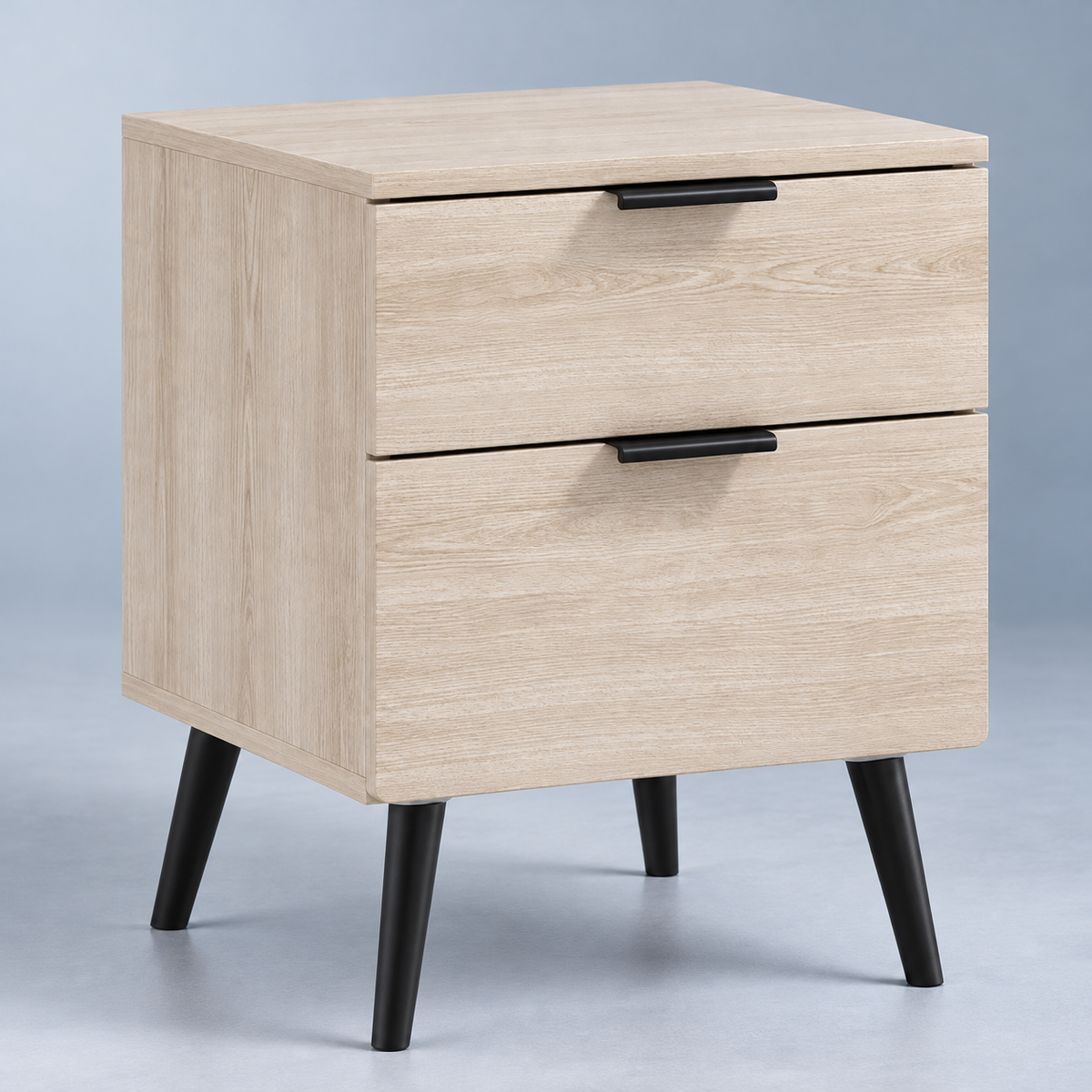 Table de chevet effet chêne vue de trois quarts gauche