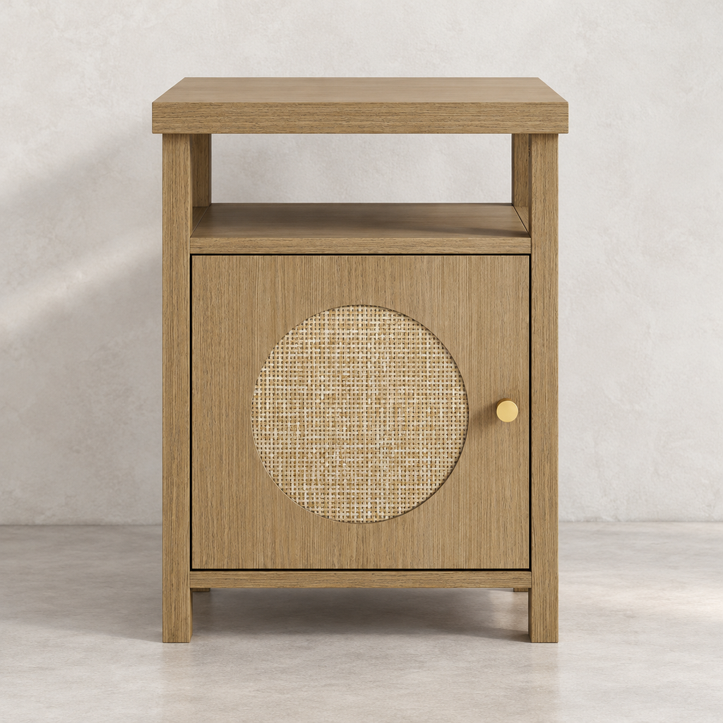 Vue de face d’un chevet avec niche ouverte et porte à motif rond.