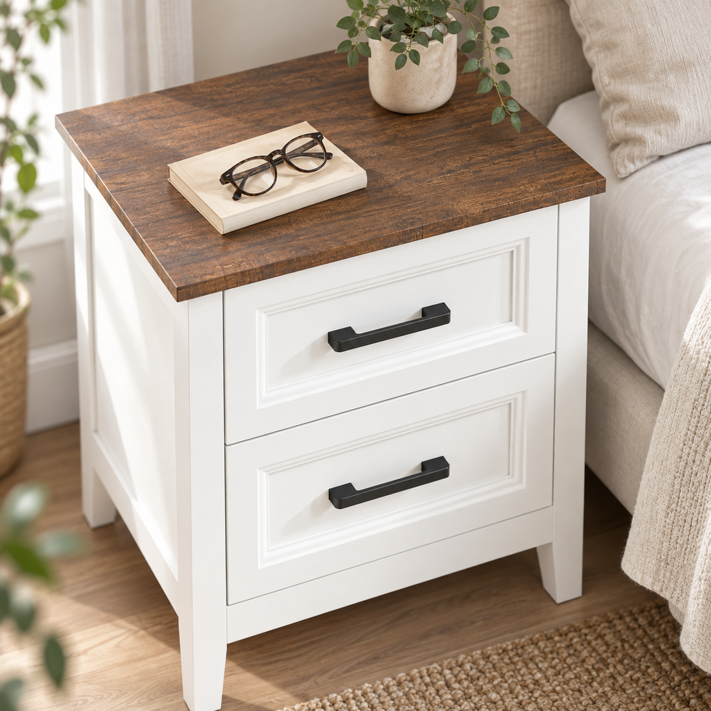 Plateau effet bois de la table de chevet avec livre et lunettes