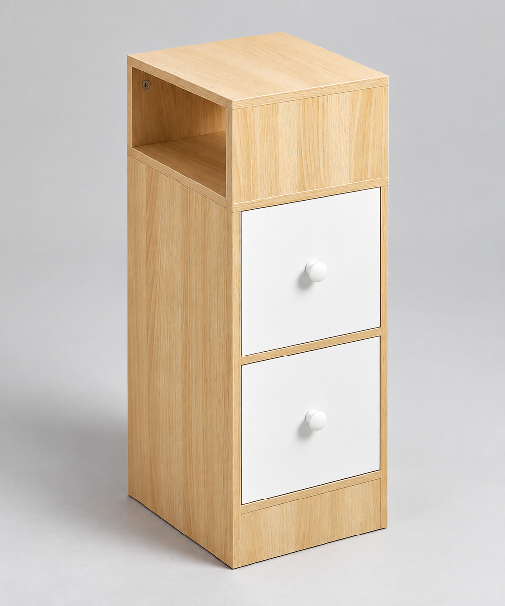Chevet effet bois et blanc vu de trois quarts.