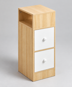 Chevet effet bois et blanc vu de trois quarts.