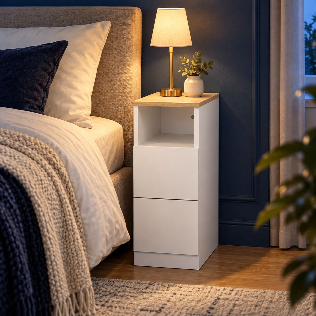 Chevet étroit blanc dans une chambre bleu nuit, éclairé en soirée.