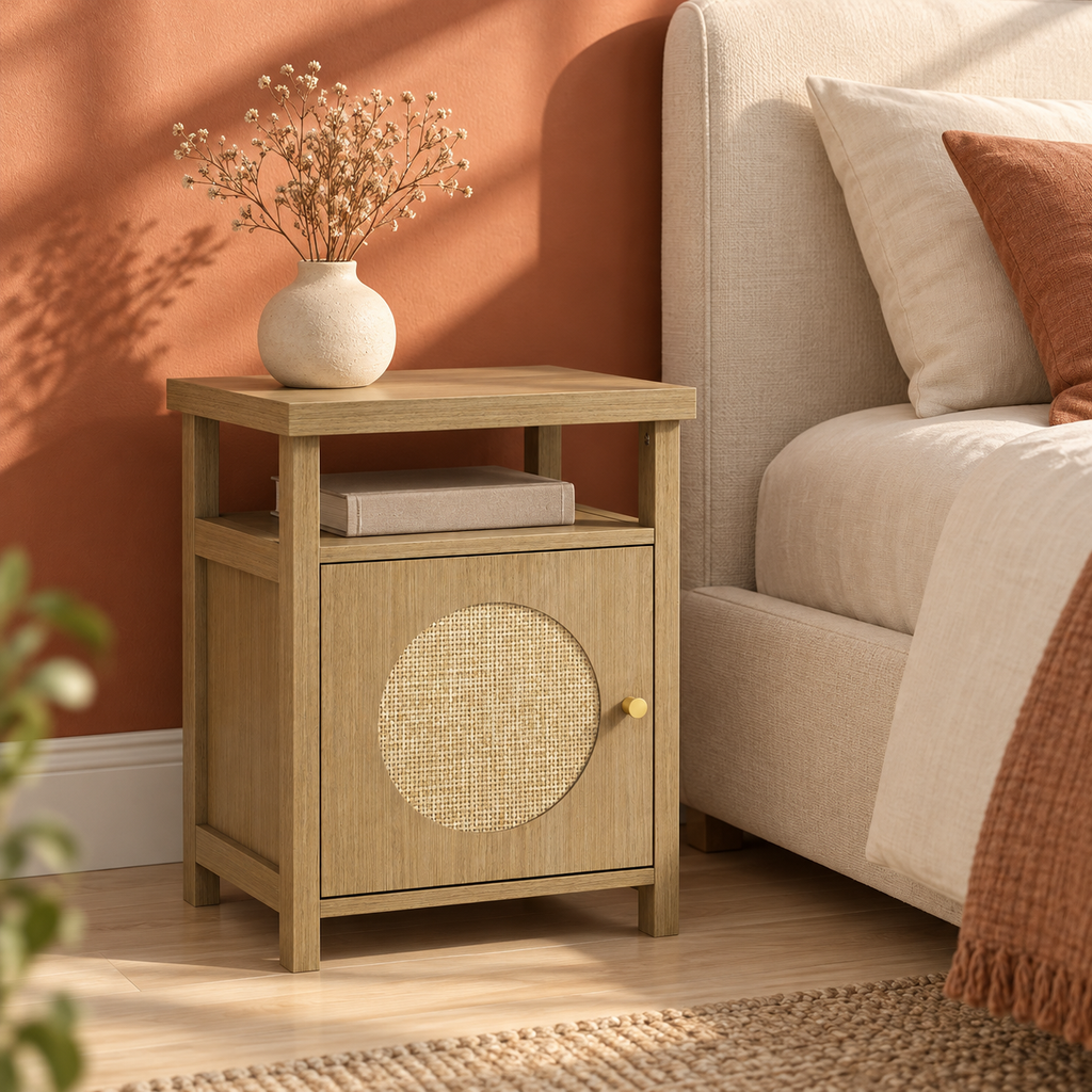 Un chevet effet bois et cannage dans une chambre terracotta.