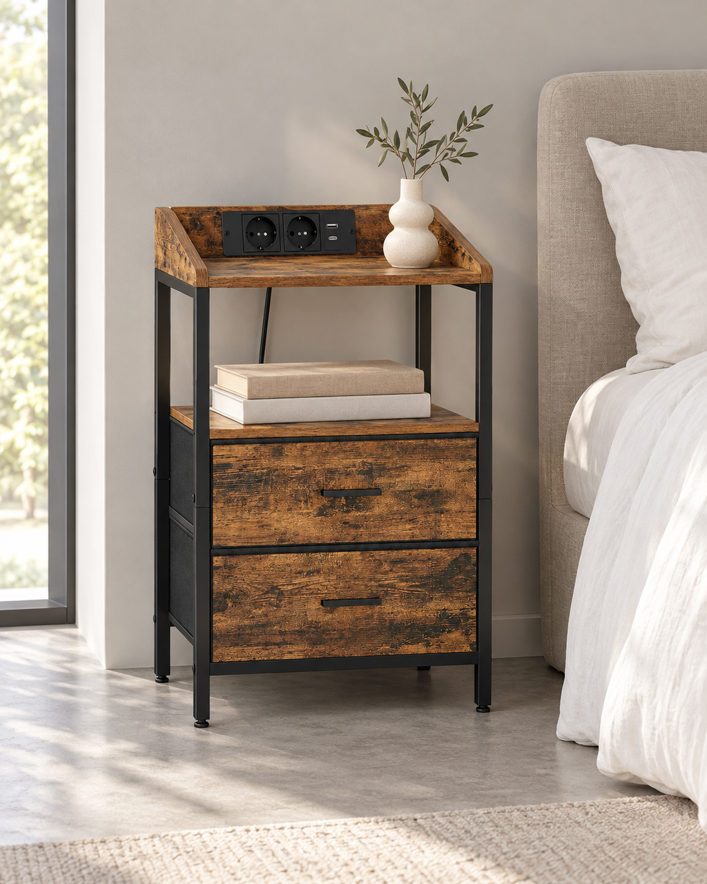 Chevet brun effet bois et cadre noir dans une chambre grise.