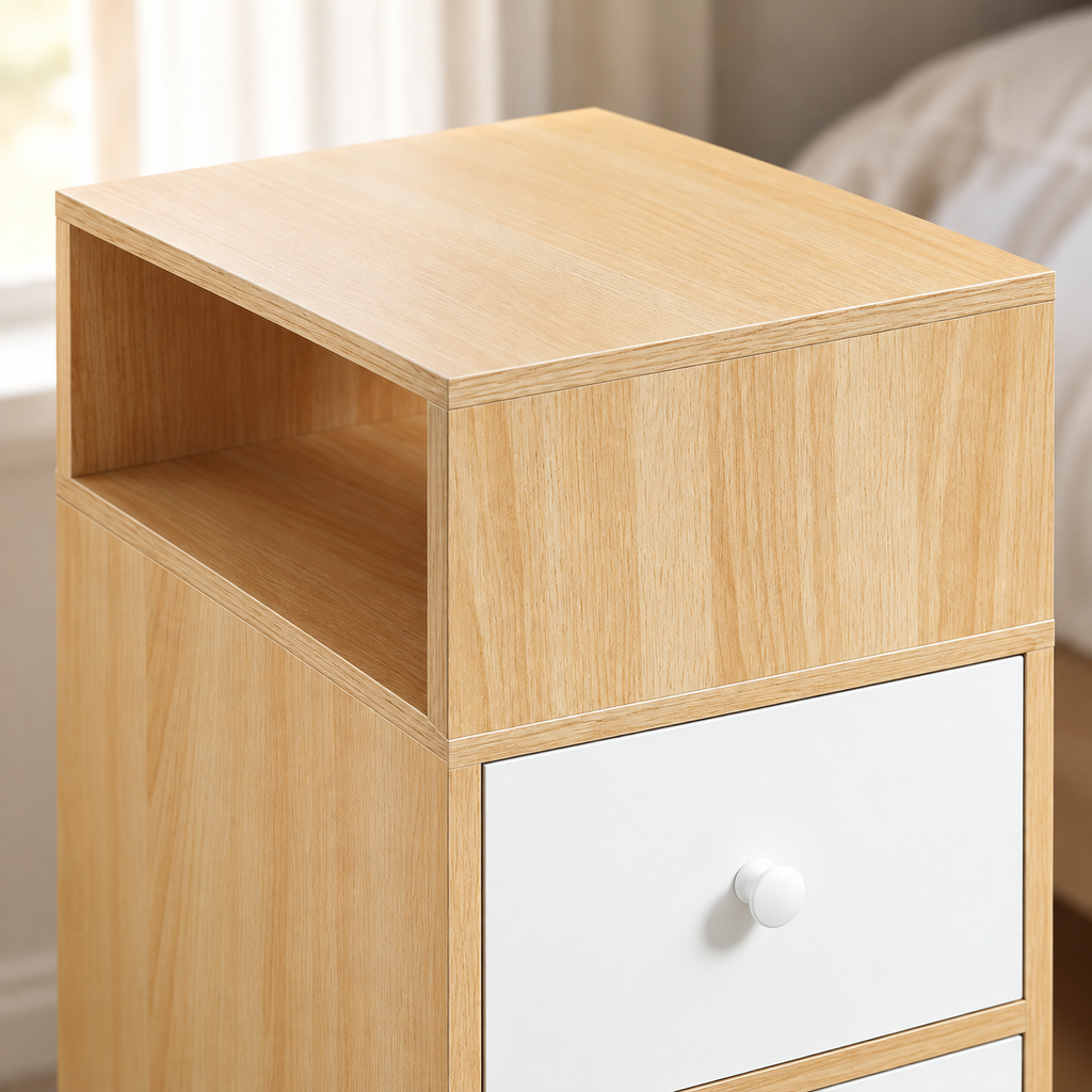 Détail du plateau et de la niche du chevet effet bois.