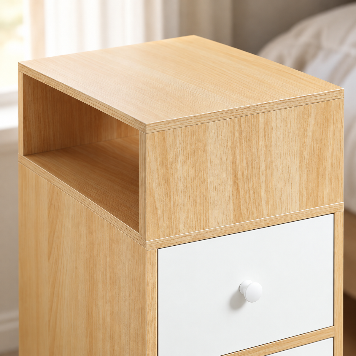 Détail du plateau et de la niche du chevet effet bois.
