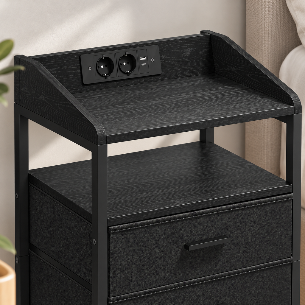 Détail du plateau noir avec deux prises et ports USB.