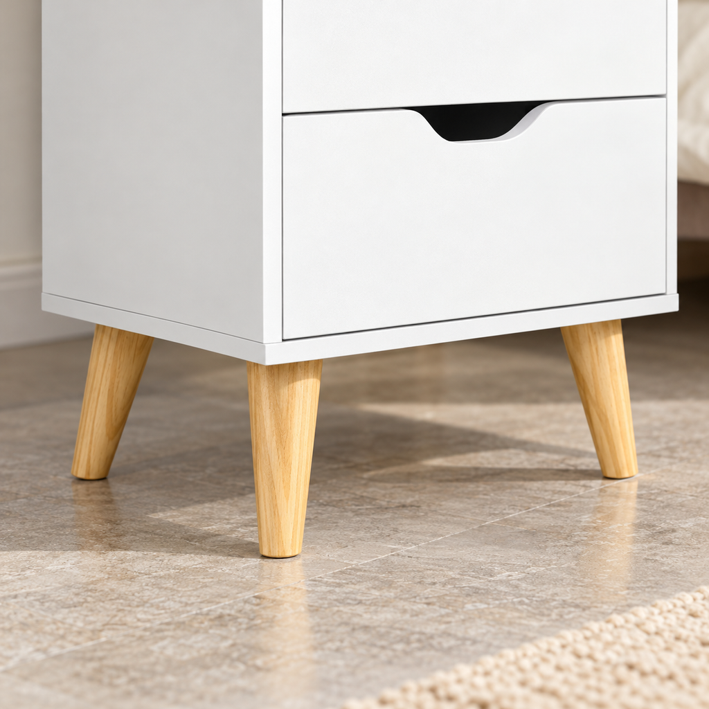 Pieds en pin et base blanche du chevet.